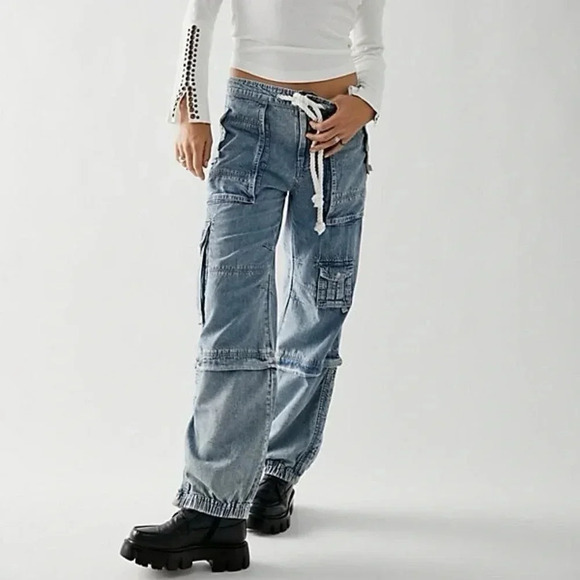 NWT Free People South Bay Utility Cargo Jeans Pants Baggy Slouchy Light Blue XL - Picture 1 of 17